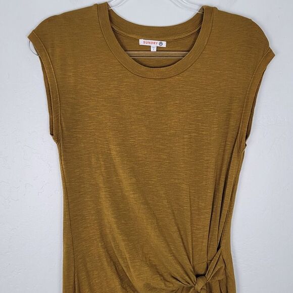 Sundry Size S Side Tie Jersey Dress Short Cap Sleeve Stretch Green Yellow - Picture 3 of 12